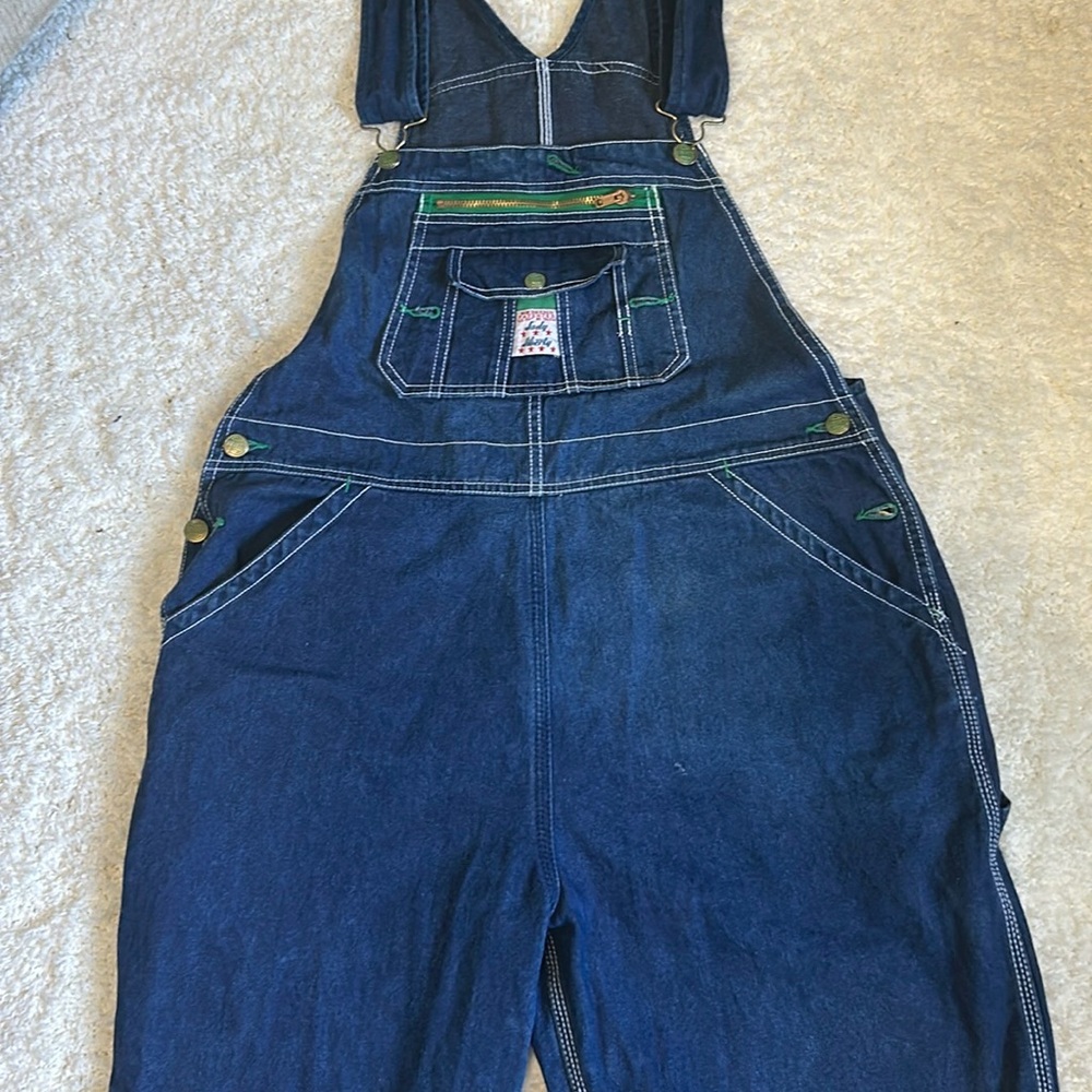 Dark wash lady liberty blue jean overalls